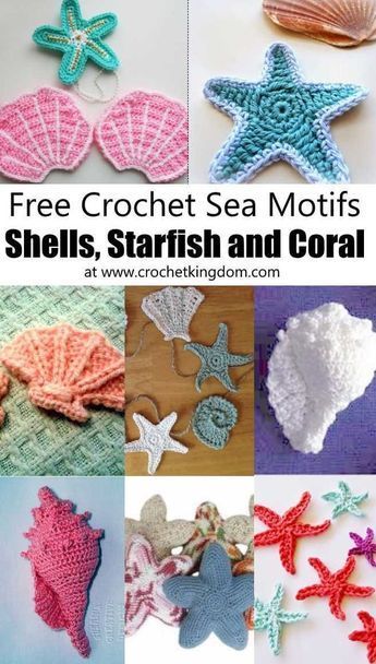 Crochet Sea Motifs - Shells, Starfish and Coral. Free crochet patterns for sea shells, star fish, conch shells, clam shells and more! Free crochet marine appliques. Garlands Crochet, Crochet Seashell Applique, Seashell Applique, Crochet Seashell, Sea Motifs, Corak Krusye, Sea Crochet, Crochet Shell Pattern, Crochet Starfish