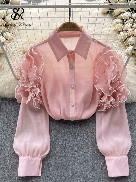 Elegant Pink Ruffled Shirt, Pink Lantern Sleeve Blouse With Ruffles, Blouse Casual Fashion, Baby Dress Design, Fashion Design Patterns, Fashion Tops Blouse, Funky Outfits, Muslimah Fashion Outfits, Women Long Sleeve Tops