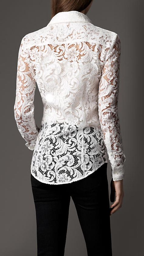 Lace Shirt Outfit, Burberry Shirt Women, White Lace Shirt, Fashion Tops Blouse, Lace Outfit, Lace Dress With Sleeves, Lace Shirt, White Blouse, White Fashion