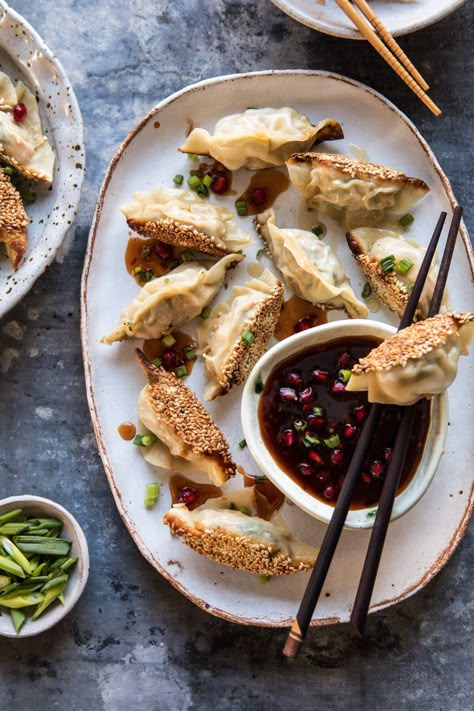 Ginger Sesame Chicken Potstickers with Sweet Chili Pomegranate Sauce | halfbakedharvest.com #asianrecipes #potstickers #dumplings #healthy Chicken Potstickers, Pomegranate Sauce, Half Baked Harvest Recipes, Baked Recipes, Mapo Tofu, Small Dishes, Pot Stickers, Harvest Recipes, Sesame Chicken