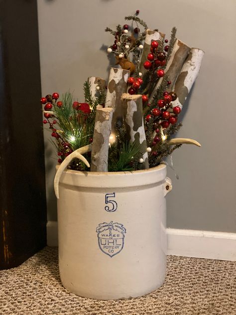 Vintage crock with birch wood Christmas Crock Decorating Ideas, Christmas Trees In Old Crocks, Red Wing Crocks Decor Ideas, Vintage Crock Christmas Decor, Crock Decorating Ideas, Country Crock Plant Cream, Christmas Crock, Crock Decor, Vintage Crocks Antique Stoneware