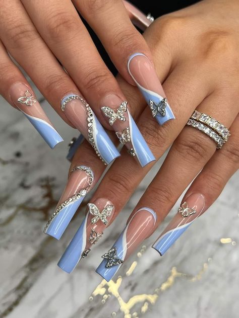 Baddie Nails Acrylic Blue, Nails Acrylic Blue, Baddie Nails Acrylic, Bow Nail Designs, Blue Acrylic Nails, Baddie Nails, Nails Design With Rhinestones, French Tip Acrylic Nails, Pretty Gel Nails