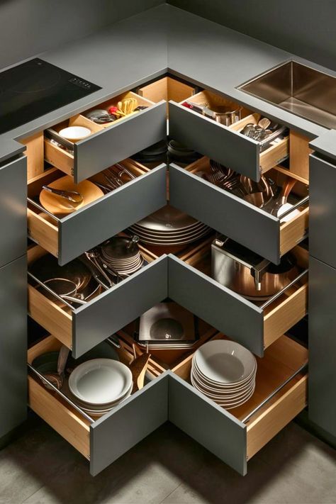 25 Clever Kitchen Storage [For Every Kitchen] – craftydiyers.com Breakfast Nook With Storage, Clever Kitchen Ideas, Clever Kitchen Storage, Organize Everything, Kitchen Cupboard Designs, Space Saving Kitchen, Diy Kitchen Storage, Kitchen Design Plans, Drawer Design