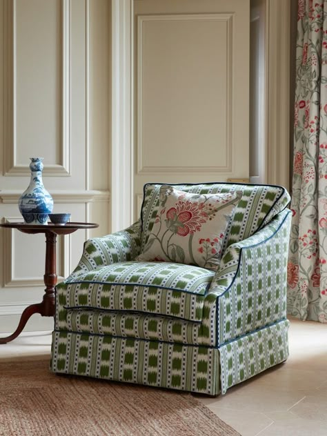 The House of Scalamandré - James Hare - Shalimar Fabric Collection Striped Armchair, Patterned Armchair, Striped Chair, Reupholster Chair, Green Armchair, Patterned Chair, Barn Renovation, Blue Armchair, Upholstery Ideas