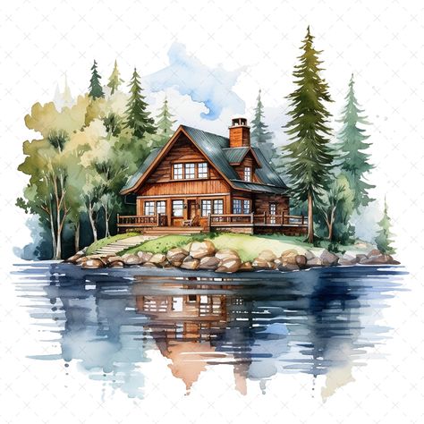 "19 High-Quality Lake House Clipart - Lake house digital watercolor JPG instant download for commercial use - Digital download This set includes: * 19 individual files (JPG files, 5-6 inch, 2000px x 2000px) License: When you acquire products from ClipartArtist, you are consenting to our terms of use, which grant you the freedom to utilize them for both personal and commercial purposes. Welcome to the world of artistry and inspiration, where creativity knows no bounds. Our \"Watercolor Clipart\" Lake House Drawing, House Watercolor Painting, Watercolor Branding, House Clipart, The Lake House, Watercolor Mountains, Digital Elements, Beautiful Greeting Cards, Digital Assets