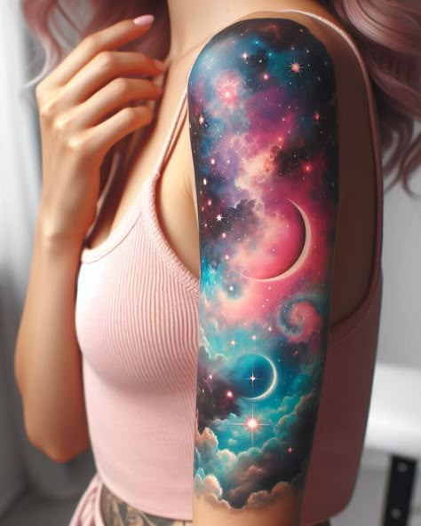 Universe Arm Tattoo, Galaxy Sleeve Tattoos For Women, Cosmic Tattoo Galaxies, Galaxy Space Tattoo, One And Only Tattoo, Realism Portrait Tattoo, Color Realism Tattoo, Galaxy Sleeve, Cosmic Tattoos