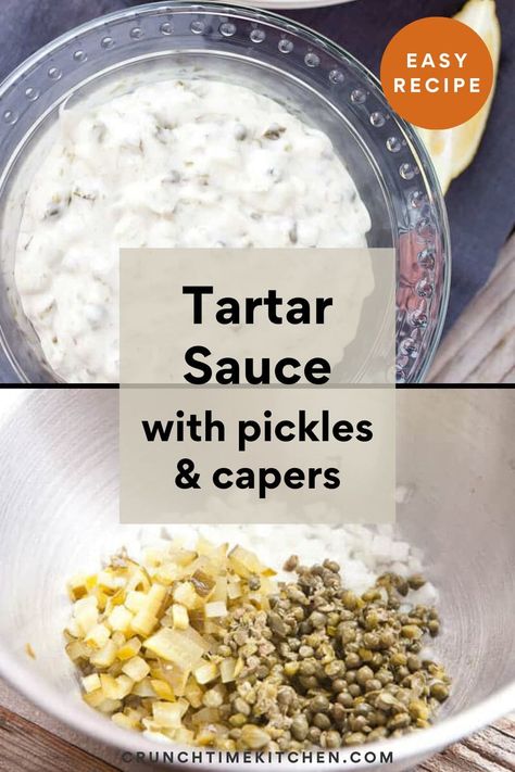 Easy homemade tartar sauce made with loads of savory pickles and capers. Perfect for any fried or grilled shrimp or fish! crunchtimekitchen.com #tartar #sauce #homemade Tartar Sauce With Capers, Beer Battered Shrimp, Homemade Cheese Sauce, Homemade Tartar Sauce, Pickle Butter, Rice Side Dishes, Spicy Salmon, Salmon Cakes, Tartar Sauce