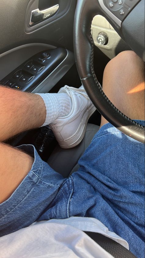 Airforces, tall white socks, blue jean shorts, jorts, car pics White Boy Aesthetic, Boys Covering Face, Black Mask Aesthetic, Korean Street Fashion Men, Start Day, Gentleman Aesthetic, Sneakers And Socks, Cute White Guys, Car Pics