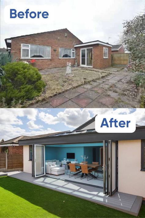 This outdated Wigan bungalow has been transformed into an open-plan family home, all thanks to a hard-working rear extension and renovation, complete with an open-plan kitchen and diner. Kitchen Into Garden Open Plan, Bungalow Kitchen Extension, Bungalow Kitchen Extension Ideas, Bungalow Rear Extension, Open Plan Bungalow Layout Uk, Bungalow Open Plan Living, Rear Extension Ideas Semi Detached, Kitchen Extension Ideas Open Plan, Bungalow Extension Plans