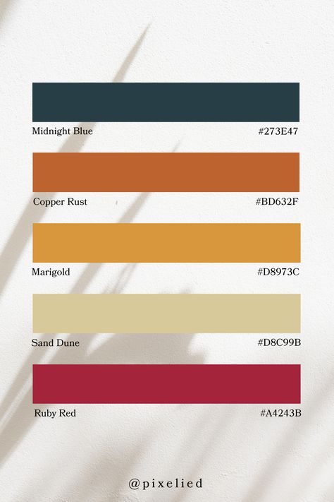 Earthy warm palette: Midnight Blue offers a deep, dark blue reminiscent of a starlit night sky. Copper Rust brings a rich, warm orange-brown, evoking the rugged beauty of aged metal. Marigold adds a vibrant, golden yellow, capturing the brilliance of marigold flowers. Sand Dune introduces a soft, sandy beige, perfect for a calming and neutral touch. Ruby Red rounds out the collection with a bold, deep red, adding a touch of passionate elegance. Warm Earth Tone Color Palette, Color Scheme Generator, Earth Colour Palette, Elephant House, Tone Color Palette, Starlit Night, Earth Tone Color Palette, Marigold Flowers, Colour Analysis