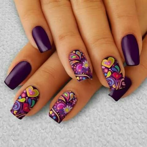 . Mexican Nails, Unghie Sfumate, Purple Nail Art, Purple Nail, Pretty Nail Art Designs, Nail Swag, Pretty Nail Art, Funky Nails, Floral Nails