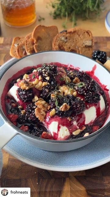 A Taste of the Kawarthas on Instagram: "Jammy Baked Goat Cheese with Blackberry Sangria Jam definitely will be on repeat this Summer!🤤   It’s insanely delicious, so simple to make, and the great part is that you can whip it up in less than 20 minutes making it the perfect summer appetizer!🤌  Share this with someone you would smash this with!🫠  Jammy Baked Goat Cheese with Blackberry  Sangria Jam:   1 cup Blackberries 3 oz Sugar 1/2 cup Red Wine  1 oz Brandy Zest of 1 Orange Flaky Salt 1 Goat Cheese Log 1/4 cup Chopped Walnuts Pinch of Fresh Thyme   Add BlackBerry, sugar, red wine, brandy, orange zest, and flaky salt to a pot and simmer on high until the jam is reduced and registers 220 degrees Fahrenheit on a thermometer. Reserve.   Add goat cheese to a baking dish, spoon over jam, and Sangria Blackberry Jam, Jammy Baked Goat Cheese With Blackberry, Jammy Baked Goat Cheese, Goat Cheese Log, Blackberry Sangria, Blackberry Jam Recipes, Goat Cheese Dip, Holiday Party Appetizers, Goat Cheese Appetizer