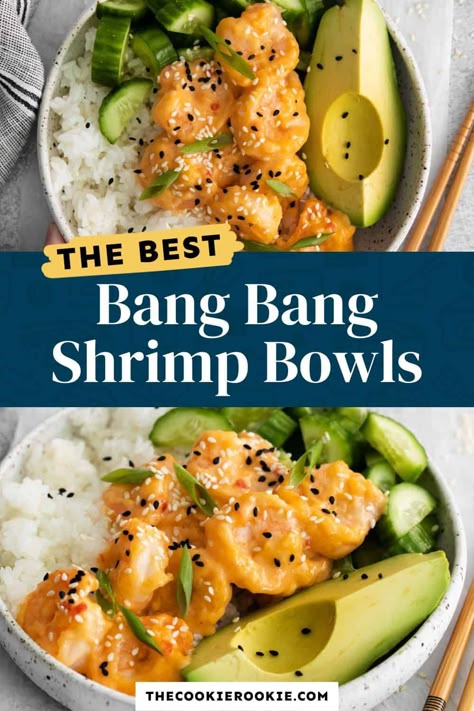 Bang Bang Shrimp Bowls Recipe - The Cookie Rookie® Bang Bang Shrimp Rice Bowl, Popcorn Shrimp Meals, Bang Bang Shrimp Bowl, Shrimp Sushi Bowl, Shrimp Meal Prep, Shrimp And Veggies, Shrimp Bowls, Shrimp Bowl, Popcorn Shrimp