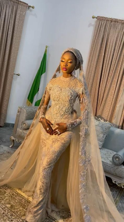 Nikkah Dress Muslim, Nigerian Wedding Attire, Nikkah Outfit, Kenyan Wedding, Nigerian Wedding Dress, African Bridal Dress, African Party Dresses, Nigerian Lace Styles Dress, African Wedding Attire