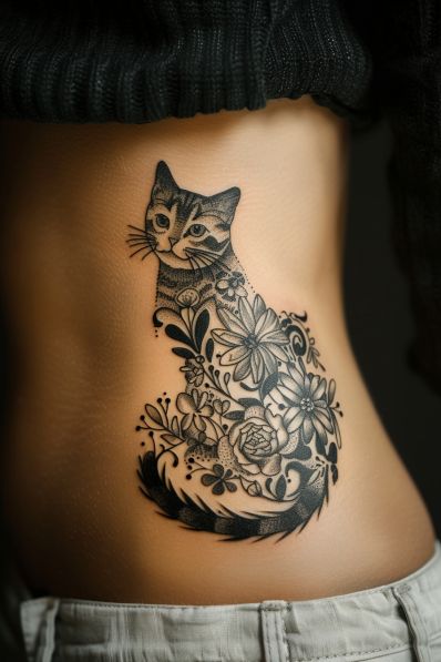 Creative Animal Tattoos, Cat Claw Tattoo, Black Cat Witch Tattoo, 3 Eyed Cat Tattoo, Arm Cat Tattoo, Cat Stretching Tattoo, Cat And Flower Tattoo, Flower Cat Tattoo, Tattoo Filler Ideas For Women