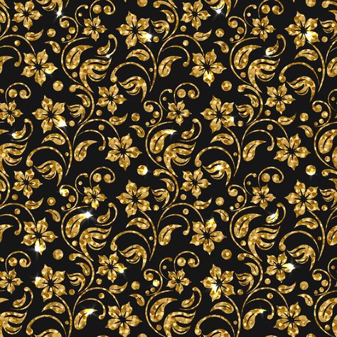 Vector seamless damask pattern with flowers. Golden glitter pattern design. Gold floral background. Gold Background Design, Painting Stripes On Walls, Yellow Flower Wallpaper, Glitter Paint For Walls, Golden Wallpaper, Golden Pattern, Golden Flower, Dark Blue Background, Gold Background