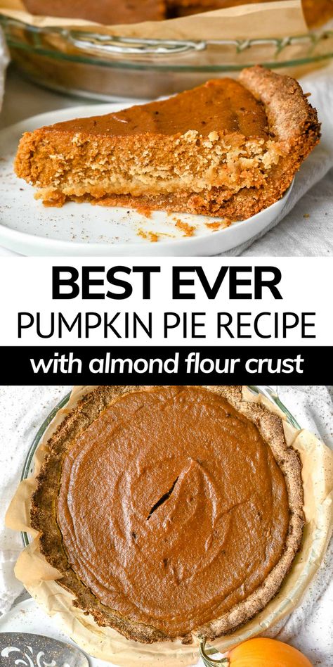 This healthy pumpkin pie recipe without condensed milk is so delicious, creamy, and full of pumpkin flavor! Made with almond flour crust and dairy-free pumpkin pie filling, this easy pumpkin recipe is perfect for Thanksgiving and the holidays! Healthy Pumpkin Pie Crust, Almond Flour Pumpkin Pie, Paleo Pumpkin Pie Bars, Pumpkin Pie Crust, Healthy Pumpkin Pie Recipe, Healthy Pumpkin Pie, Dairy Free Pumpkin Pie, Pumpkin Pie Bars Recipe, Almond Flour Crust