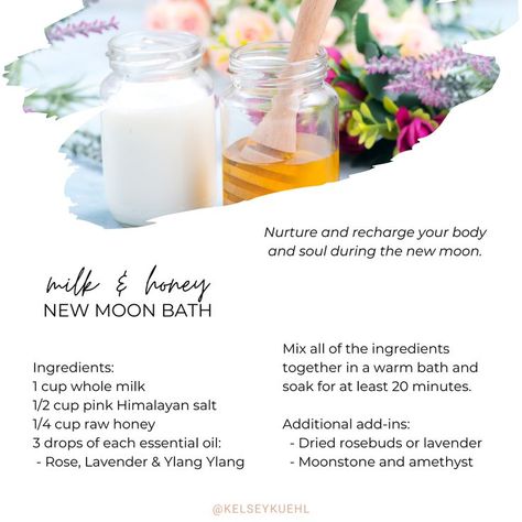 Bath Rituals Witch, Moon Bath Ritual, New Moon Bath, Milk And Honey Bath, Spiritual Cleansing Bath, Diy Bath Soak, Milk Bath Recipe, Bath Soak Recipe, Honey Bath