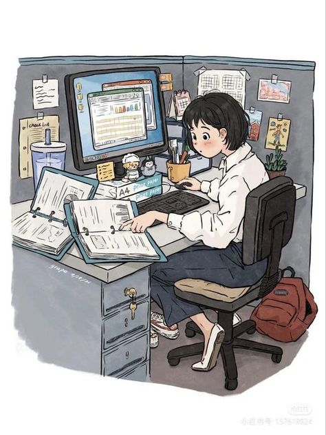 The Office Lady Anime, Anime Working, Computer Drawing, 2023 Vision, Arte Inspo, Landscape Illustration, Working Class, Study Time, Dreamy Art