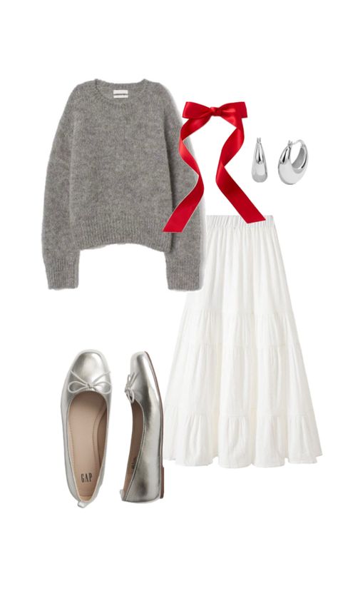 Metallic ballet flats. Red ribbon. Tiered skirt outfit. Grey sweater style Ballet Concert, Tiered Skirt Outfit, Ballet Flats Outfit, Outfit Grey, Metallic Ballet Flats, Flats Outfit, Sweater Style, Church Outfits, Skirt Outfit