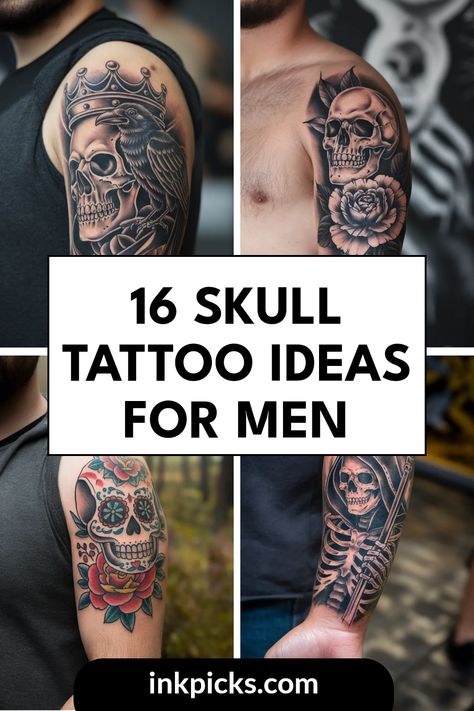 Explore these 16 bold skull tattoo ideas for men, featuring diverse designs like a skull and flower tattoo and a haunting hooded skeleton tattoo. This pin includes four exciting images that embody symbolic tattoo artistry in a unique fusion. Skull Tattoos For Men Arm, Skull Garden Tattoos, Skeleton Tattoos Men, Skull Tattoo Design Outline, Geometric Skull Tattoo Design, Skeleton Tattoo Man, Skull Tattoo Ideas For Men, Skull Hand Tattoos For Guys, Unique Skull Tattoos