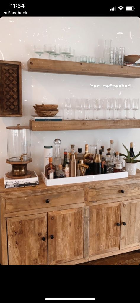 Dining Buffet Coffee Bar, Dining Room Buffet Bar Ideas, Wine Bar In Dining Room, Buffet Turned Into Bar, Buffet Bar Ideas Dining Rooms, Sideboard Bar Ideas, Living Room Bar Cabinet Farmhouse, Wine Buffet Cabinet, Farmhouse Dining Room Bar Cabinet