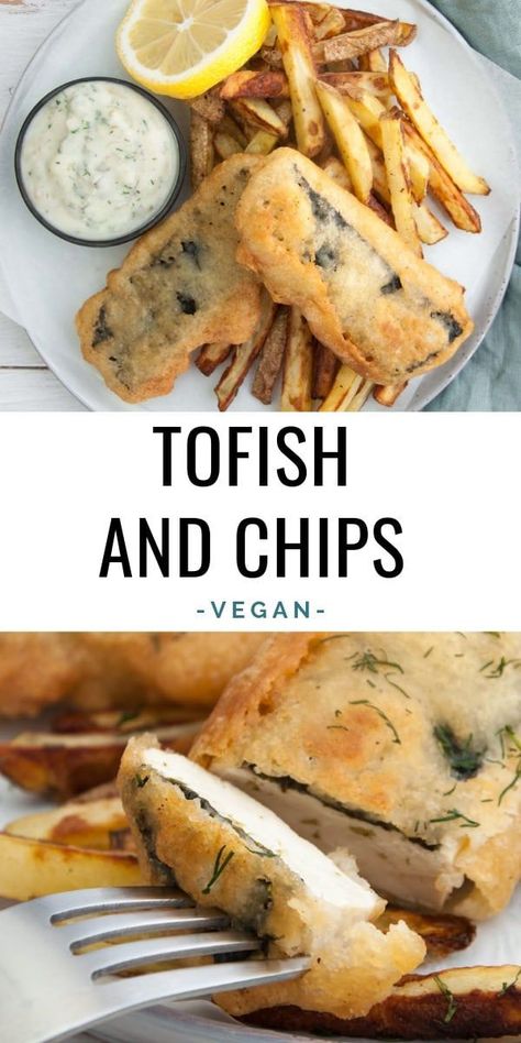 Vegan Tofish and Chips served with homemade Tartar Sauce | ElephantasticVegan.com #vegan #fish #tofish #tofu #plantbased Vegan Fish And Chips, Fish And Chips Recipe, Fish N Chips Recipe, Vegan Fries, Homemade Tartar Sauce, Vegan Fish, Vegan Main Dishes, Tartar Sauce, Chips Recipe