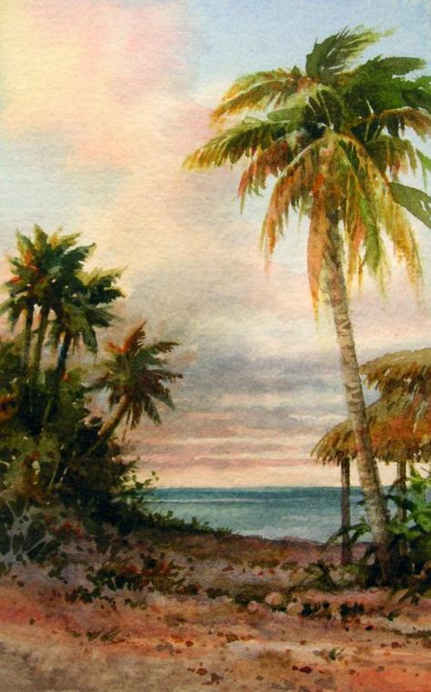 Roland Lee Painting Of The Beach, Island Watercolor, Rarotonga Cook Islands, Wood Paintings, Hawaiian Art, Beach Watercolor, Island Art, Nature Drawing, Art Instructions