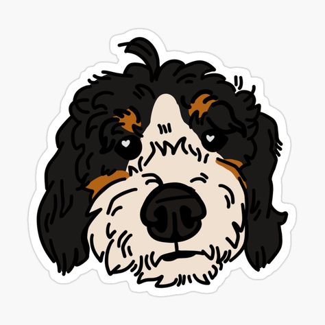 #redbubble #dress #POD #dog #doggy #cute #kawaii #digitalart #art #digitalartforsale #cutesy #bernedoodle #flower #spring #smallbusiness #artist #stickers #sticker #hydroflask #hydro #personalized #simple #doodle #goldendoodle #pet #parent Bernedoodle Drawing, Bernese Doodle, Bernedoodle Cartoon, Bernese Mountain Doodle, Bernese Mountain Dog Illustration, Artist Stickers, Black And White Bernedoodle, Doodle Dogs, Fluffy Dogs