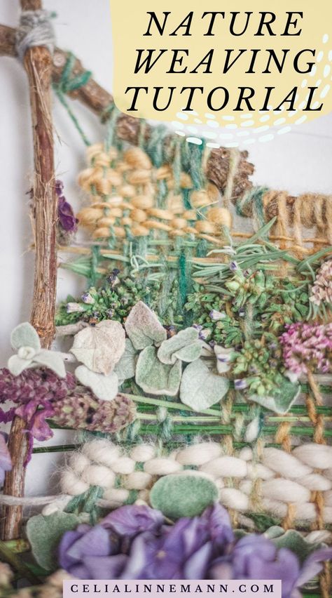 close up of nature weaving with plants and yarn Kids Weaving Projects, Nature Weaving, Tapestry Loom Weaving, Art Yarn Weaving, Yarn Fringe, Pin Weaving, Weaving For Kids, Tapestry Loom, Weaving Loom Diy