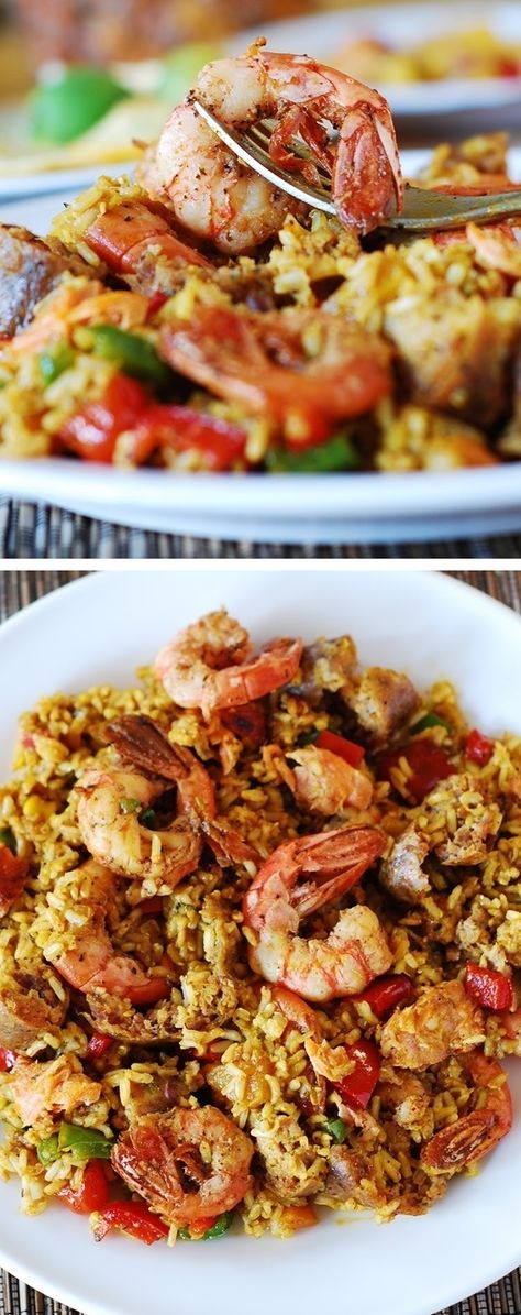 Easy paella with chicken, shrimp and sausage. You can use rice (for gluten-free version) or orzo pasta. Spanish rice recipe. Paella With Chicken, Easy Paella, Shrimp And Sausage, Chicken Shrimp, Paella Recipe, Chicken And Shrimp, Orzo Pasta, Linguine, Spaghetti Squash