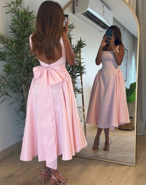 Dresses For Engagement Guest, Prom Dresses Mid Length, Dresses For Engagement, Pink Evening Gown, Satin Sleeves, Prom Dress Pink, Tea Length Prom Dress, Pink Evening Gowns, Hot Prom Dress