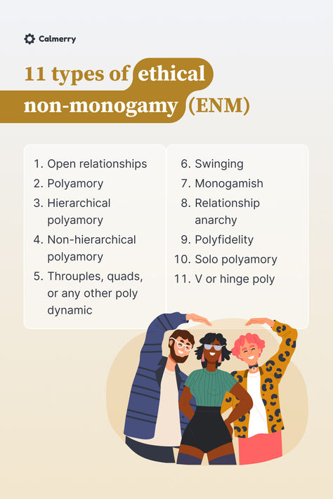 11 types of ethical non-monogamy (ENM)
1. Open relationships
2. Polyamory
3. Hierarchical polyamory
4. Non-hierarchical polyamory
5. Throuples, quads, or any other poly dynamic
6. Swinging
7. Monogamish
8. Relationship anarchy
9. Polyfidelity
10. Solo polyamory
11. V or hinge poly Enm Relationships, Polyamorous Ship Dynamics, Ethical Non Monogamy, Relationship Dynamic, Non Monogamy, Longest Marriage, Umbrella Term, Smart Casual Work Outfit, Open Relationship