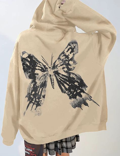 Oversized Beige Butterfly Hoodie Butterfly Hoodie, Grunge Jacket, Streetwear Girl, Printed Hoodies, Streetwear Grunge, Oversized Streetwear, E Girl, Layered Fashion, Future Fashion