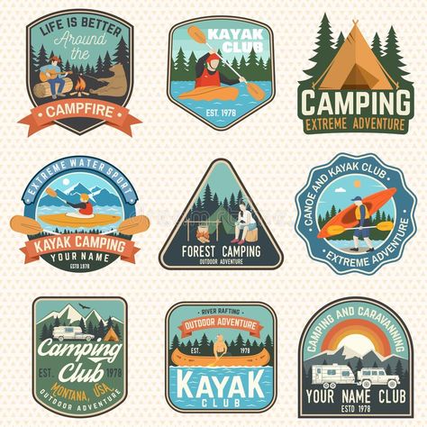 Summer Campfire, Camp Logo, Wedding Badges, Summer Camp Wedding, Retro Patch, Canoe Camping, Adventure Club, Club Badge, Mountain River