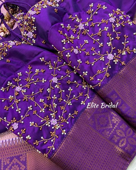 Customised floral Aari embroidery hand work blouse by elite bridal 💜✨ Belt Aari Design, Floral Aari Work Blouse, Aari Work Blouse Design Images, Aari Work Blouse Simple, Bridal Aari Work Blouse Designs, Embroidery Hand Work, New Style Suits, Aari Work Blouse Design, Bridal Sleeves