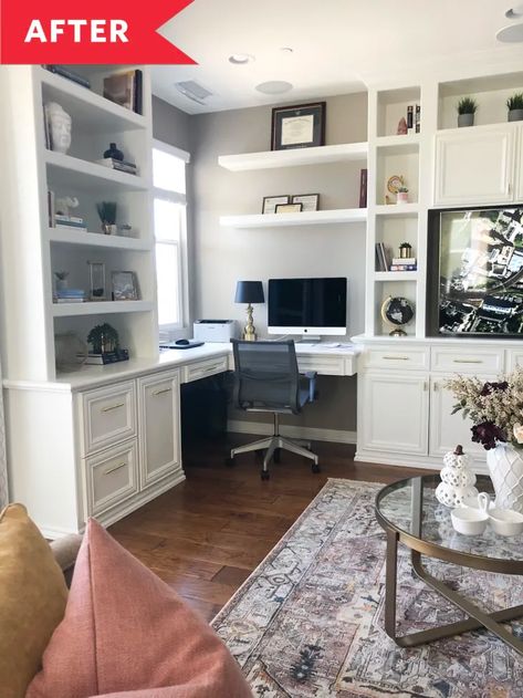 Before and After: This Wasted Space Got a Super Functional Makeover (and a Herringbone Feature Wall) | Apartment Therapy Office And Den Combo, Office Tv Room Combo, Herringbone Feature Wall, Dual Office, Living Room Office Combo, Studio In Casa, Bedroom Built Ins, Office Built Ins, Storage Idea