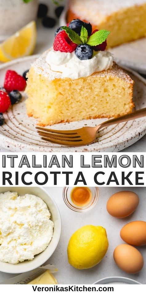 Italian ricotta cake, topped with whipped cream and berries. Light Cakes For Summer, Italian Summer Desserts, Italian Summer Recipes, Italian Lemon Ricotta Cake, Lemon Ricotta Cake Recipes, Italian Love Cake, Ricotta Cake Recipes, Lemon Ricotta Cake, Italian Cakes