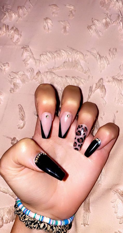 cheetah, black, acrylic nails, rhinestones Cheetah Print Nails Coffin, Cheetah Print Acrylic Nails, Cheetah Acrylic Nails, Coral Acrylic Nails, Black Matte Cheetah Nails, Matte Black Nails With Cheetah Print, Nails Cheetah Print Black, Acrylic Nails With Rhinestones, Black On Black Cheetah Nails