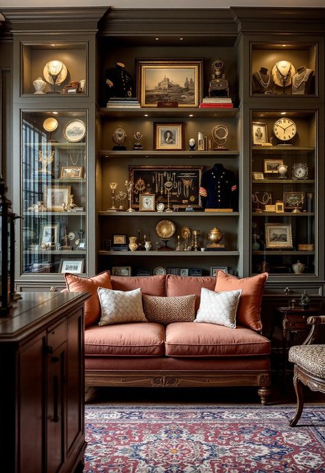 Old Money Living Room Traditional English Country Living Room, English Country Decor Living Room Traditional Homes, Old Money Style Living Room, Collector Room Ideas, Old English Living Room, Old English Decor, Family Room Shelves, Equestrian Interior Design, Old Money Living Room