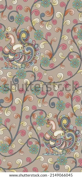 Peacock Digital Kalamkari Pen Kalamkari Saree: Stockillustration 2149066045 | Shutterstock Kalamkari Fabric, Kalamkari Designs, Ethnic Pattern Design, Flower Print Pattern, Arts And Crafts For Teens, Kalamkari Painting, Pichwai Paintings, Bird Coloring Pages, Kalamkari Saree