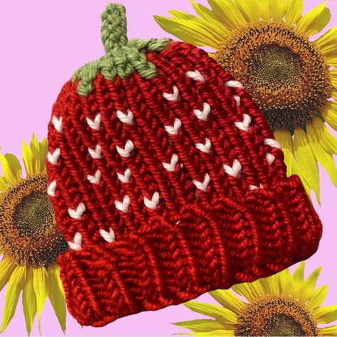 Handmade Loom Knitted Strawberry Beanie Hat For Kids 100% Acrylic Yarn. Machine Washable. Handmade And Made To Order So Colors May Vary Slightly. Knitting Strawberry, Strawberry Beanie, Knitted Strawberry, Market Crochet, Strawberry Hat, Loom Knit Hat, Hat For Kids, Strawberry Baby, Crochet Strawberry