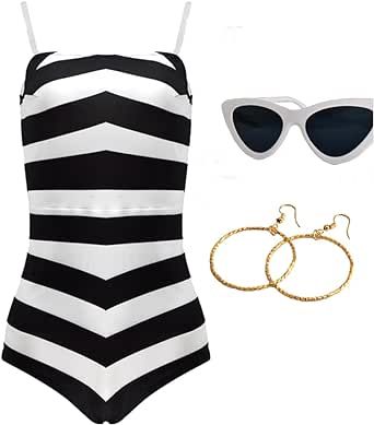 Humorjoy 3pcs Black and White Striped Swimsuit Bathing Suit Outfit for Women 2023 Movie Halloween Cosplay Costume Margot Robbie Costume, Workout Outfits For Men, Beach Costume, Barbie Swimsuit, Barbie Halloween Costume, Bathing Suit Outfits, Movie Cosplay, Pink Gingham Dress, Barbie Halloween