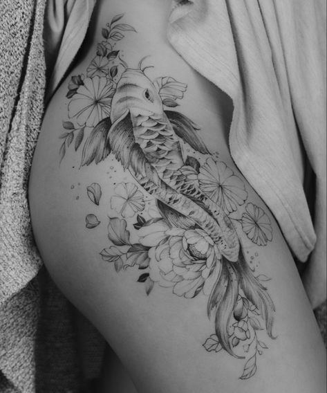 Koi Fish Hip Tattoo, Koi Fish Tattoo Thigh, Thigh Piece Tattoos, Tattoo Jellyfish, Unique Jellyfish, Whimsical Princess, Koi Tattoo Design, Stomach Tattoos Women, Tattoo Placements