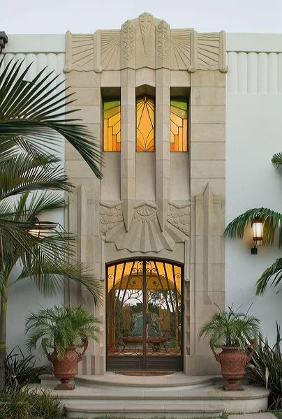 Art Deco Home Interior, Art Deco House Plans, Entry Statement, Mediterranean Entryway, 1920s Architecture, Art Deco Facade, Miami Bar, Art Deco Exterior, Art Deco Houses