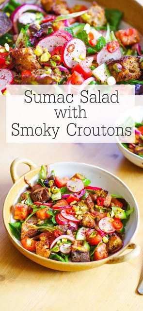 Sumac Salad with Smoky Croutons |Euphoric Vegan Sumac Vinaigrette, Sumac Salad, Sumac Dressing, Ms Diet, Leafy Salad, Vegan Party Food, Vegan Salads, Salad Leaves, Fresh Spices