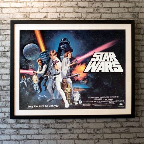 This is the super rare pre-oscars version of the sought after UK quad with artwork by Tom Chantrell. George Lucas commissioned leading UK artist Chantrell to create this design, which also ran as the US style 'C' design. This particular poster was printed for the first release of the film in before it won any Oscars. Subsequent printings carried the news of the Oscars success so this is the one that the collectors want. Chantrell was employed to enhance the star appeal and the merchandising oppo Star Wars A New Hope, Movie Poster Frames, Marvel Movie Posters, Alec Guinness, Star Wars Episode Iv, Star Wars 1977, Iconic Artwork, Classic Movie Posters, Movie Posters Design