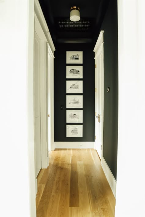 Before and After – Hallway Ceiling Black Walls Hallway, Dark Hallway Ideas, Black And White Hallway, Painted Hallway, Hallway Paint Colors, Black Hallway, Black Painted Walls, Hallway Ceiling, Hallway Paint