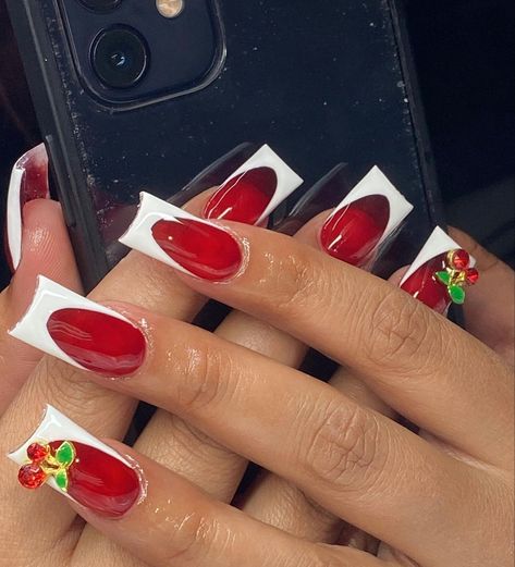 Cherry Duck Nails, Red White French Tip Nails, Red With White Tip Nails, Red Nails White Tips, Cross Gem Nails, Red Nails With White Tips, Nails With Cherry Charms, Short Acrylic Nails Red, French Tip Cherry Nails