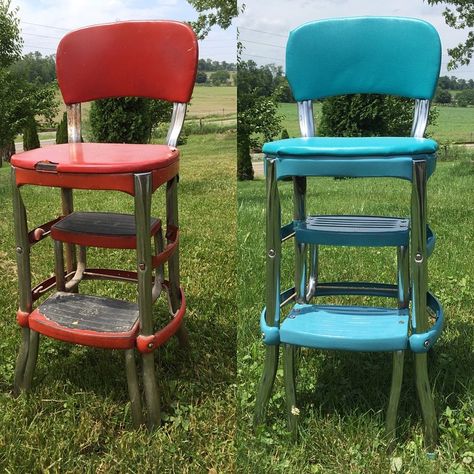 Finally accomplished another #bucketlist item! 33. restore an #antique this old school #cosco stool is perfect for Logan when he gets a little bigger! Want to hear how I did it? Check out my blog, link on my profile. Diy Kitchen Chairs, Outdoor Spray Paint, Metal Step Stool, Stool Makeover, Kitchen Step Stool, Metal Steps, Step Stools, Recycled Furniture, Metal Chairs